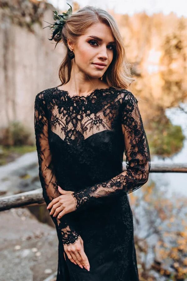 Black Sweetheart Long Sleeves Lace Wedding Dress, MW997 | Musebridals