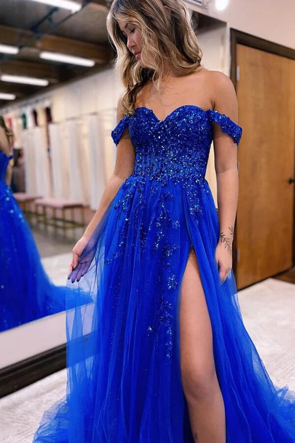 Off the Shoulder A-Line Blue Tulle Lace Sweetheart 3D Flowers Prom Dre –  Musebridals