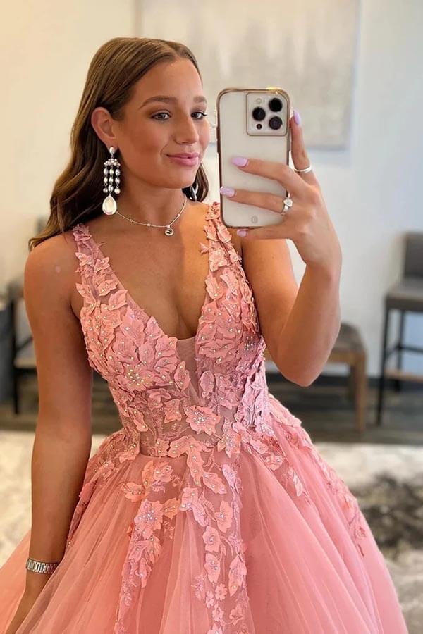 Blush A line V neck Princess Prom Dresses With Appliques Evening Dress MP861