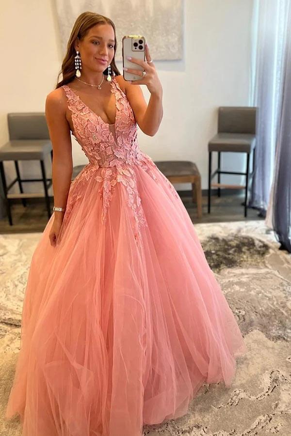 Blush A line V neck Princess Prom Dresses With Appliques Evening Dress MP861