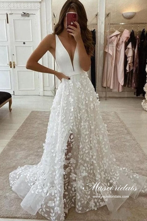 Wedding Dress with Empire Waist V Neck