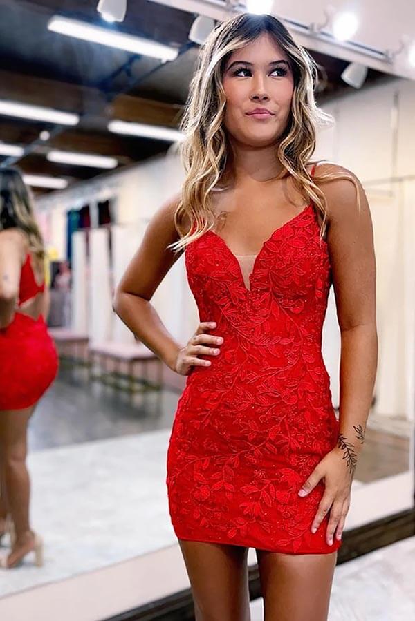 V Neck Mermaid Red Lace Short Prom Dresses, Mermaid Red Homecoming, Red Lace  