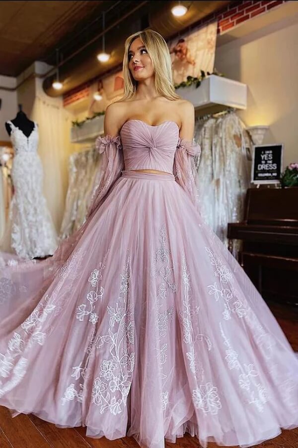 Dusty Pink Tulle Two Pieces Long Sleeves Prom Dresses With Appliques MP913