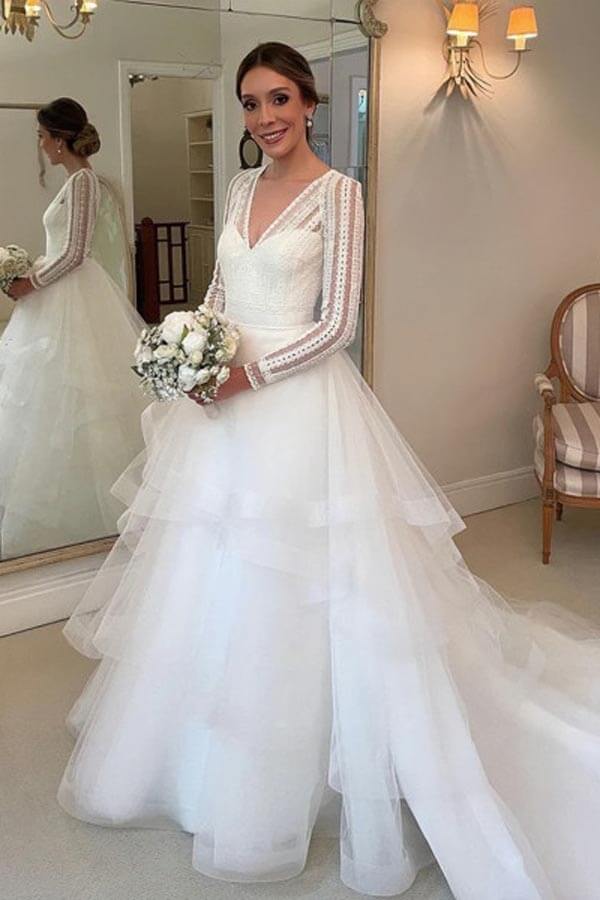 Tulle Ball Gown Lace Long Sleeves Wedding Dresses MW985 Musebridals