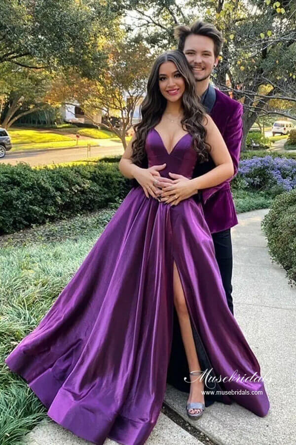 Purple Satin A line Long Prom Dresses With Slit MP910 Musebridals