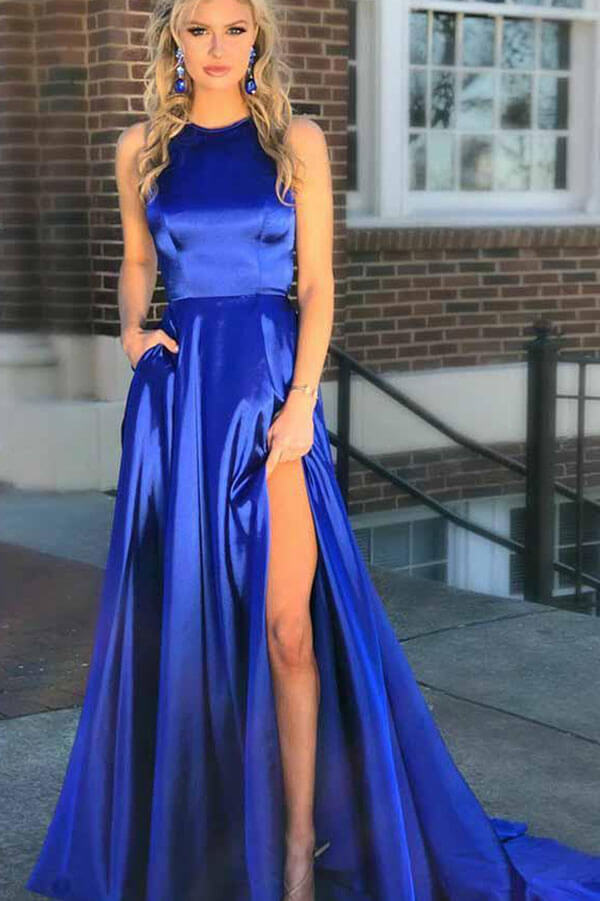 Charming Royal Blue Satin Spaghetti Straps Prom Dresses with Side