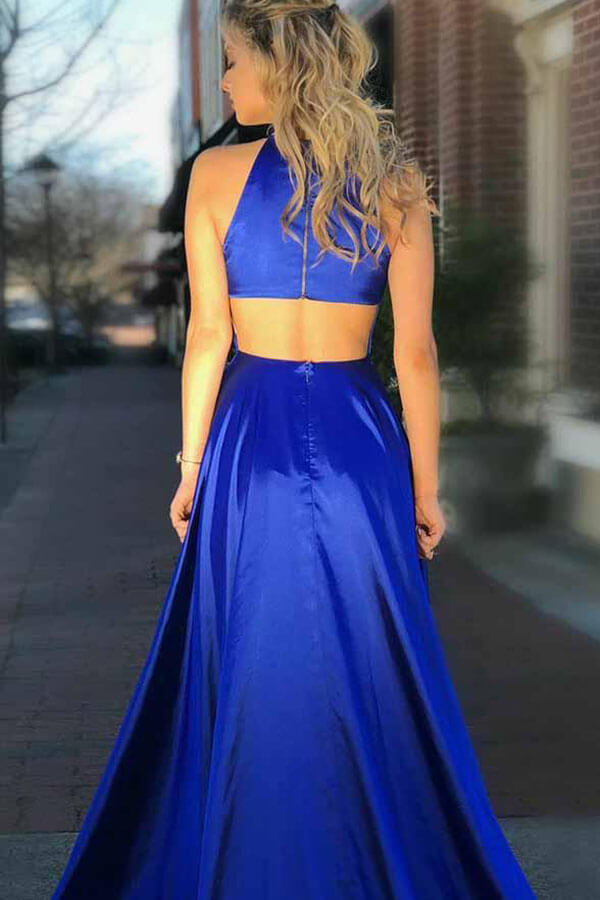 Royal Blue V-Neck Side Slit Long Prom Dress, Spaghetti Strap Formal Gown  With Sweep Train Pockets