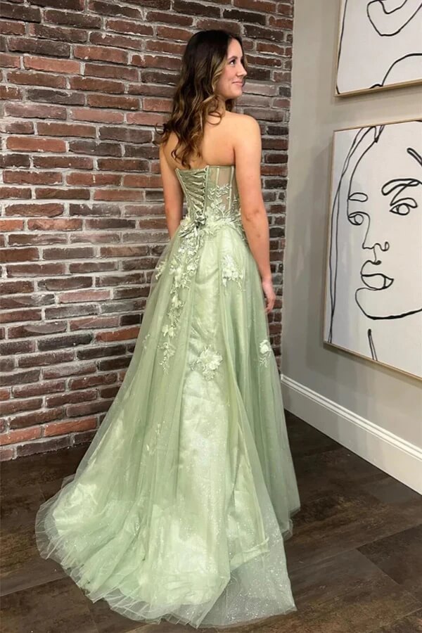 Sage Green Tulle A-line Strapless Prom Dresses, MP936 | Musebridals