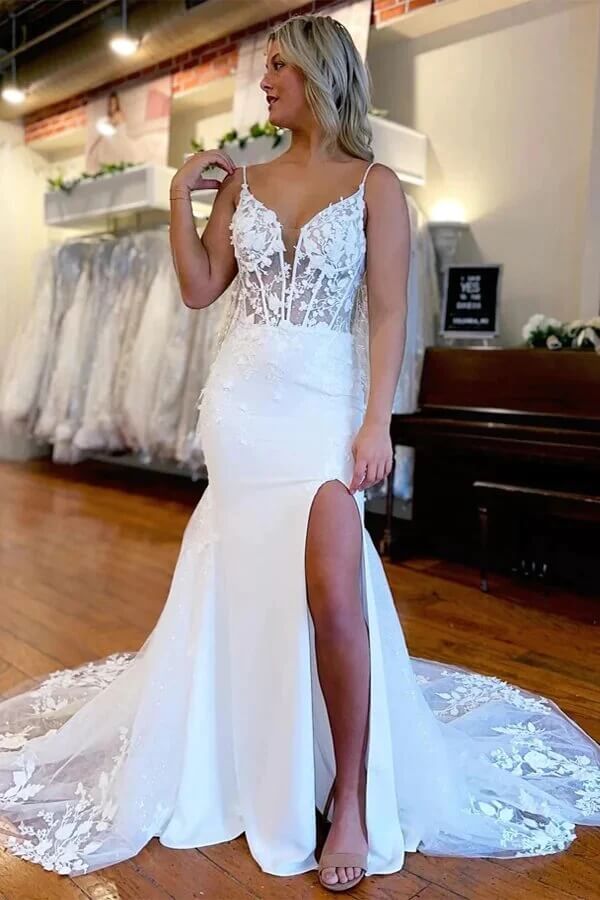 Fitted Lace Wedding Dress with Slit from French Lace - LaceMarry