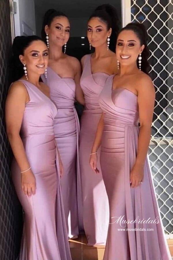 Elegant Mermaid Sweetheart Blush Pink Satin Long Bridesmaid Dresses,MBD126