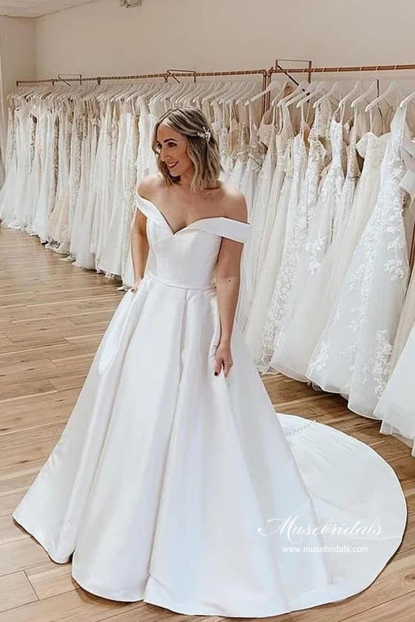 Simple Satin A-line Off-the Shoulder Wedding Dress MW933