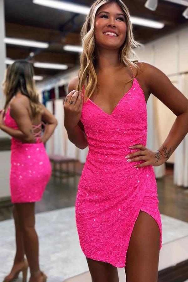 Spaghetti Straps Lace-Up Back Sequin Short Homecoming Dress