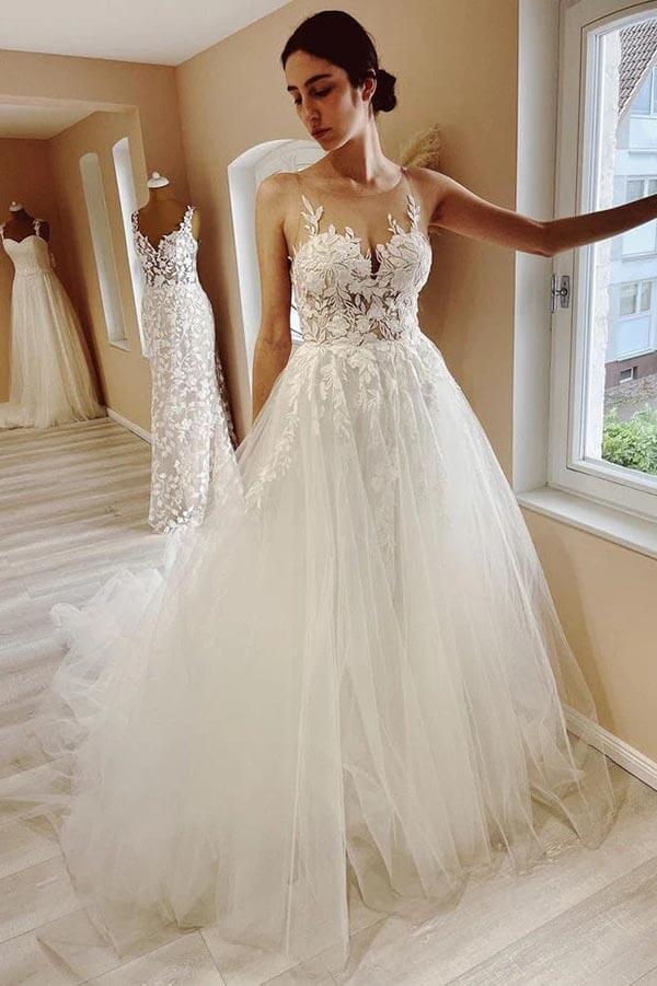 Tulle Sheer Neck Wedding Dress With Lace Appliques MW917