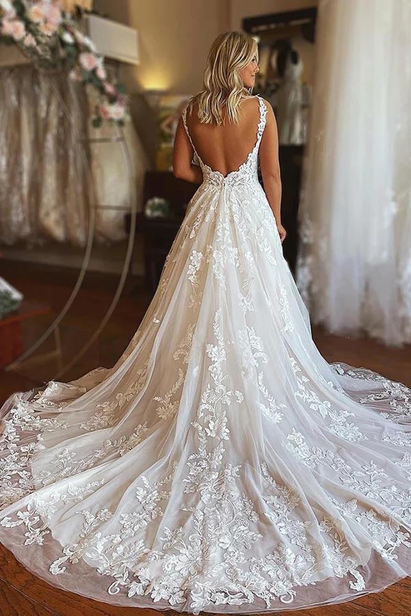 Tulle A line V neck Lace Boho Wedding Dresses MW901 Musebridals