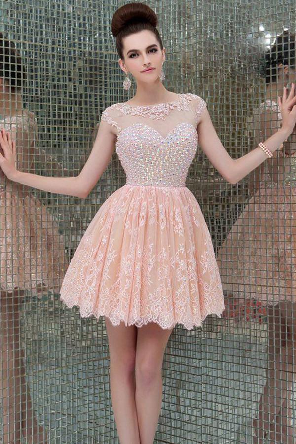 3/4 Sleeves Short Prom Dress Pink Homecoming Dress with Open Back,MH464