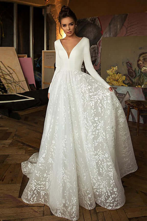A-line V-neck Long Sleeves Wedding Dresses With Court Train, Bridal Gown,  MW782