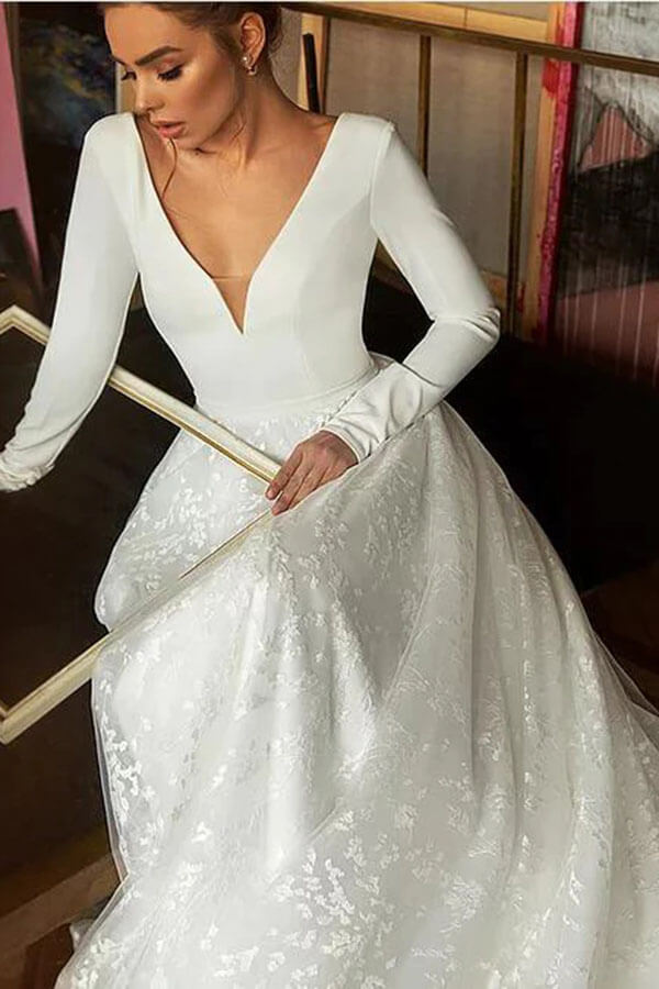 Long Sleeve A Line Satin Wedding Gown with Train Lace Appliques