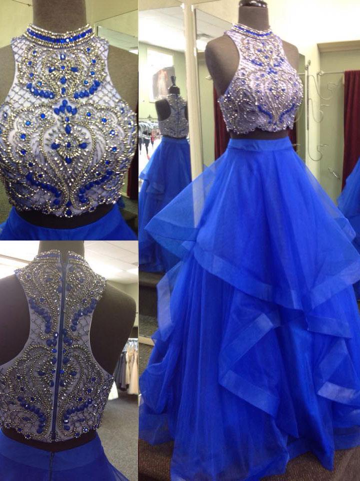 Beautiful Mint /Royal Blue Crop Top Prom Dress Girls 2 Pieces