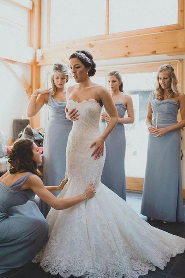 One shoulder outlet blue bridesmaid dress