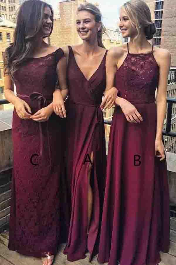 New Arrival Chiffon V Neck A Line Grape Long Bridesmaid Dresses with Split MB184