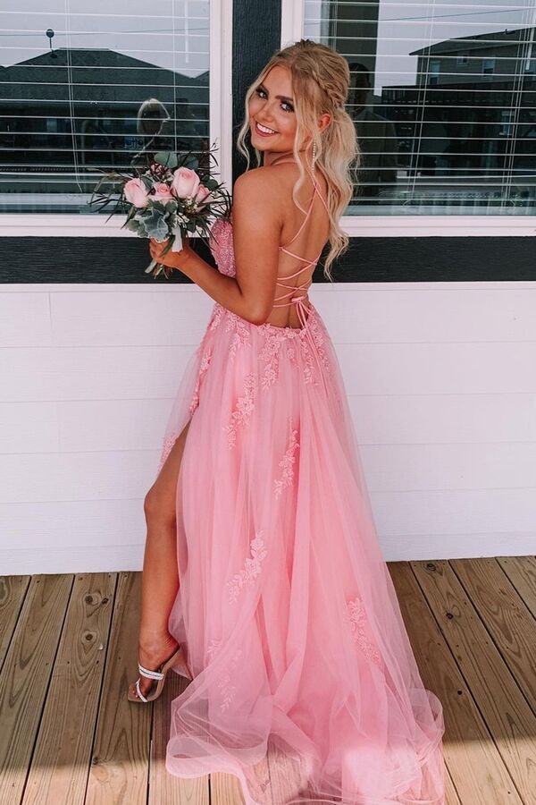 Pink Strapless Tulle Long Prom Dress, Beautiful Sweetheart Evening Dress US 6 / Pink