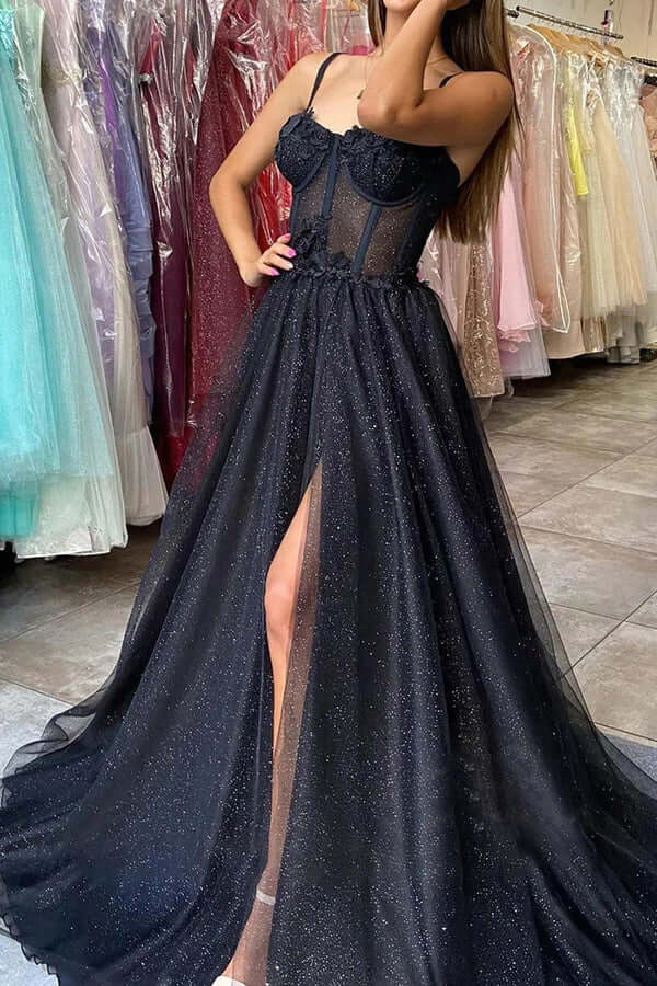 Strapless Black Corset Lace Long Prom Dress with Slit Red / US 12