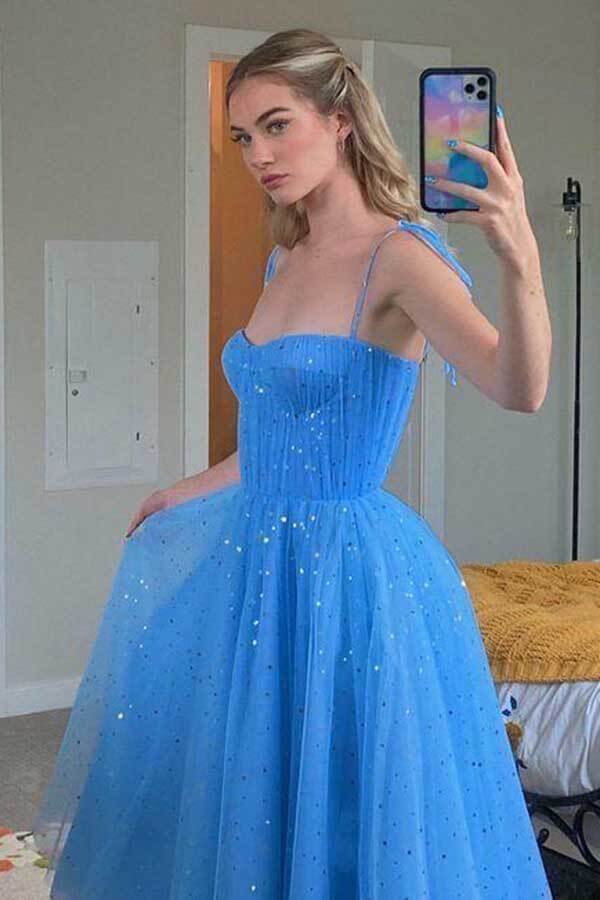 Blue Sequins Tulle Tea Length Homecoming Dresses, MH538