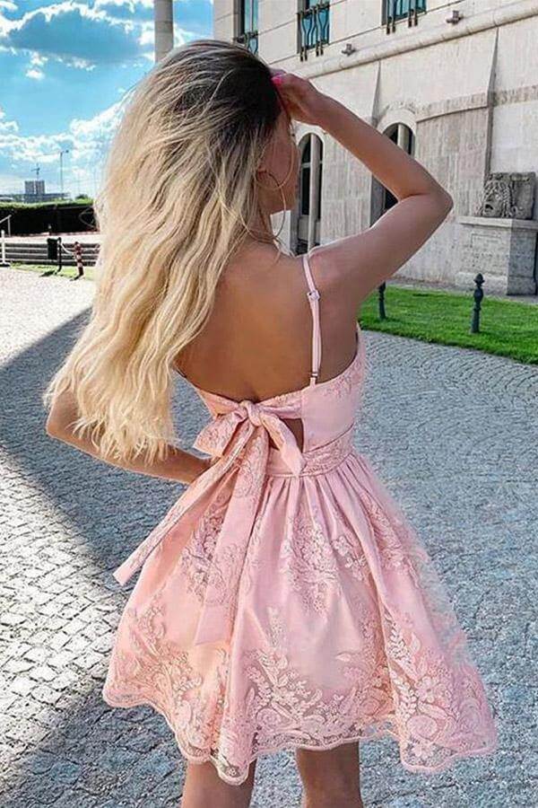 Strapless Short Pink Lace Prom Dresses, Short Pink Lace Graduation  Homecoming Dresses