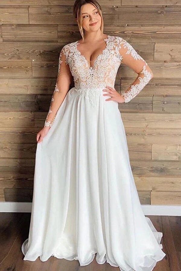 Chiffon A-line Long Sleeves Lace Appliques Plus Size Wedding Dresses, MW796