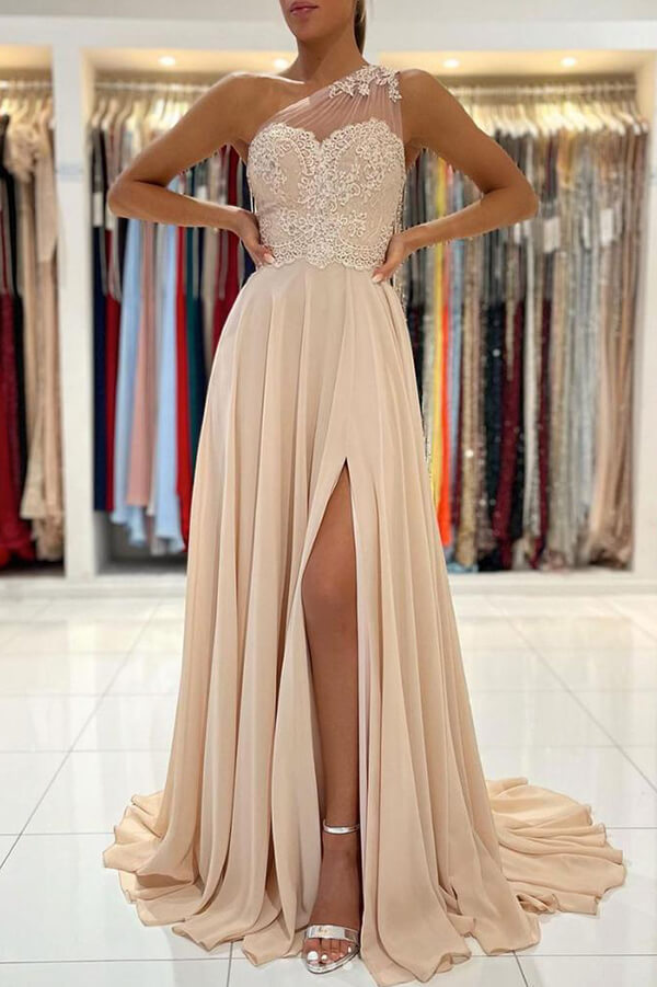 Chiffon A-line One Shoulder Lace Prom Dresses, Evening Gown, Formal Dress,  MP633