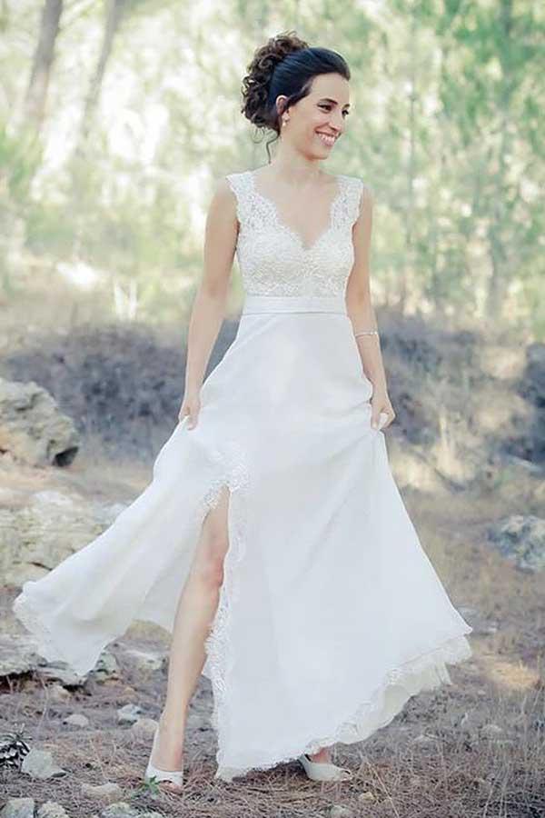 Chiffon A-Line Halter Sleeveless Long Beach Wedding Dress with