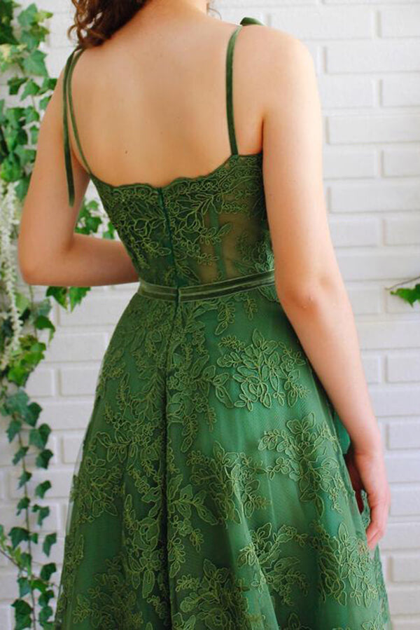 Dark Green A-line Tulle Lace Spaghetti Straps Prom Dresses, Party Dresses,  MP662
