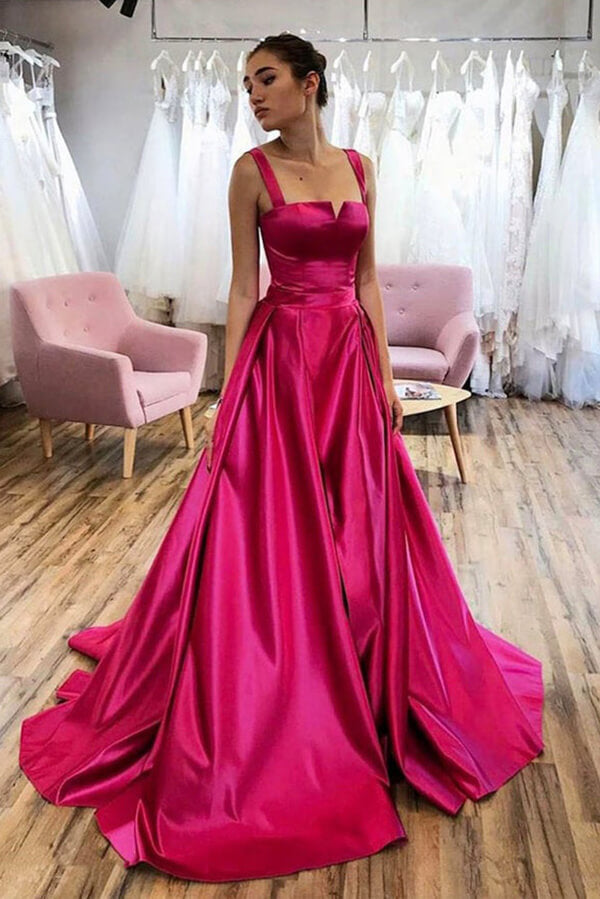 Hot Pink Satin A-line Spaghetti Straps Prom Dress MP645