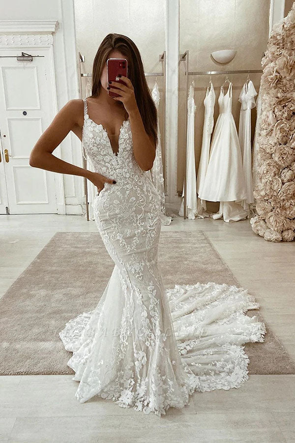 Mermaid V Neck Spaghetti Straps Satin Wedding Dresses with Lace VK23082704  – Vickidress