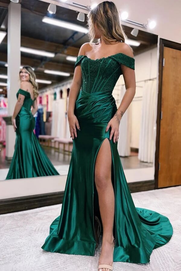 Green Satin Lace Mermaid Off Shoulder Prom Dresses, Evening Gowns, MP779
