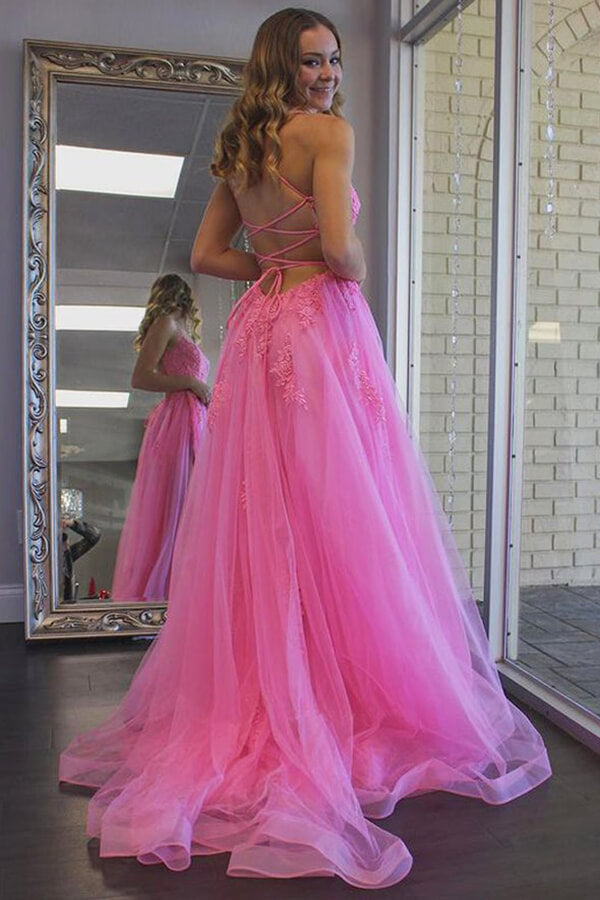 Strapless Pink Satin Long Prom Dress with High Slit, Simple Pink
