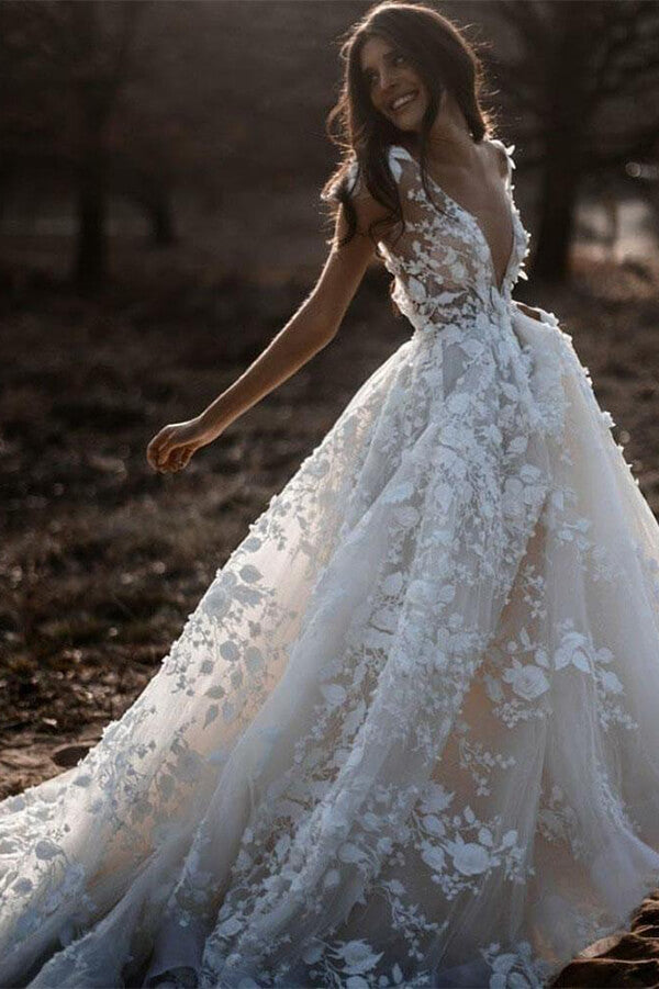 Ivory A-line Lace Appliqued Beach Wedding Dresses MW619