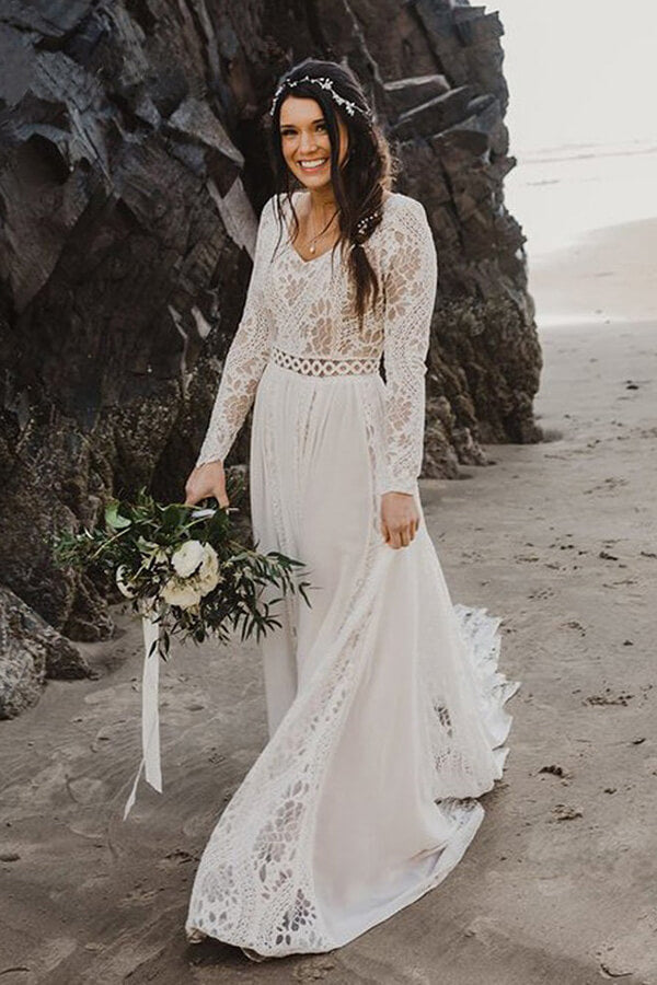 Ivory Lace A-line Long Sleeves Beach Wedding Dress MW664 | Musebridals