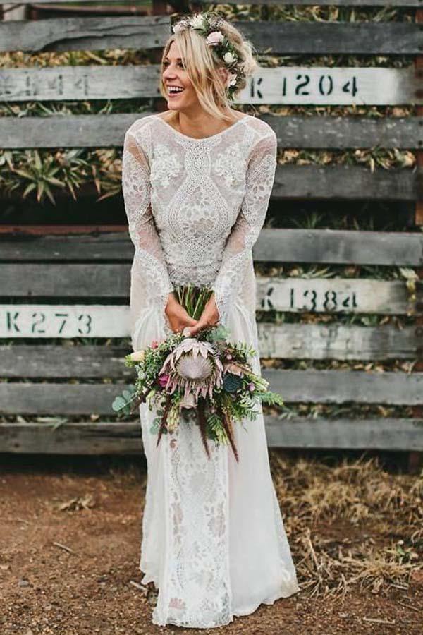 Ivory Lace Long Sleeves Boho Wedding Dresses Musebridals