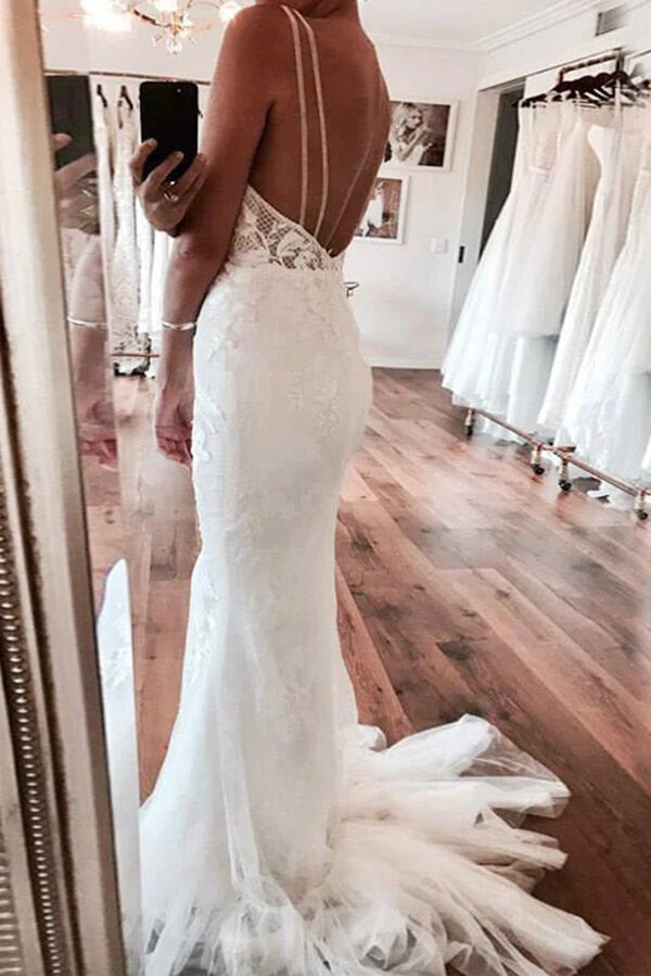 Ivory Mermaid Backless Deep V-neck Lace Wedding Dresses, Bridal Gown, MW828
