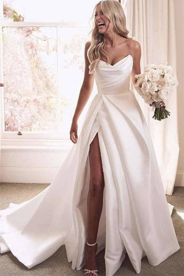 Simple Satin Wedding Dresses White Ivory Long Sleeves Sweep Train Bridal  Gowns