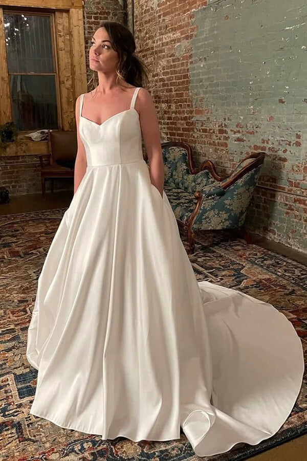 Ivory Satin Spaghetti Straps Simple Wedding Dress MW848