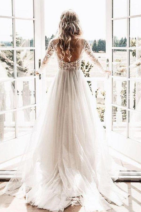 Lace Backless A-Line V-neck Long Sleeves Wedding Dresses, Bridal Dresses,  MW552