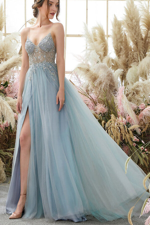 Sparkly Sky Blue Tulle Sequins Long Prom Dresses Straps Evening