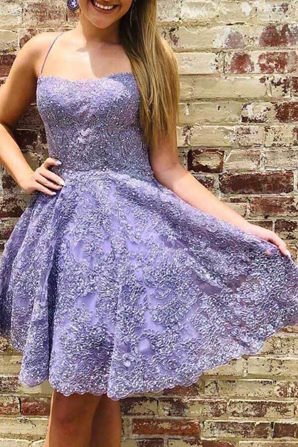 Sweet Lilac Short Homecoming Dresses Scoop Lace Appliques A-Line