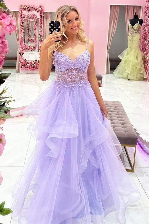 Shiny Off Shoulder Purple Tulle Long Prom Dresses, Long Lilac