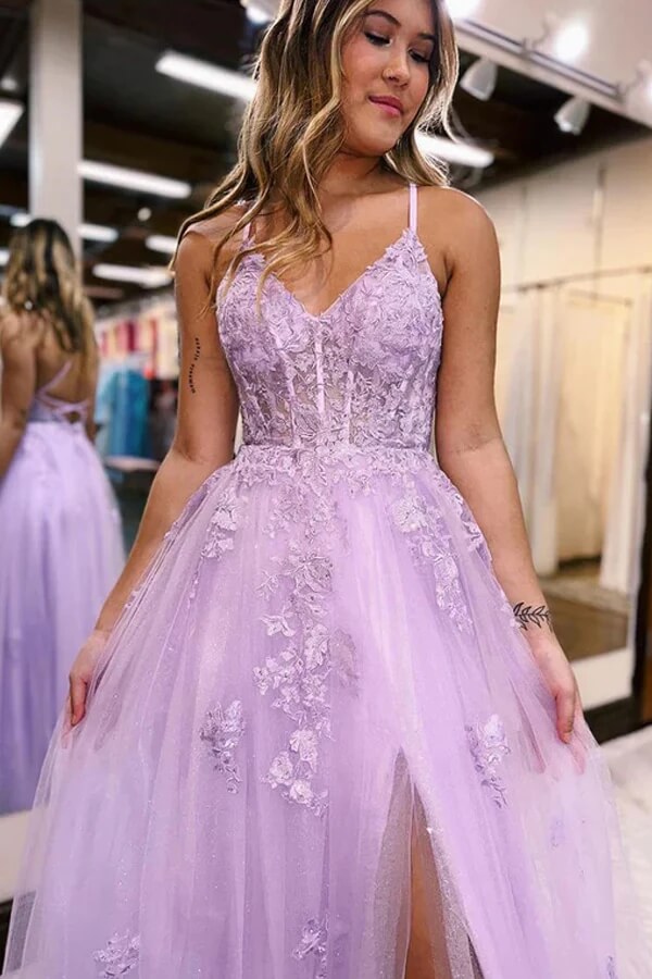 Lilac Tulle A-line V-neck Prom Dresses With Side Slit, Long Formal Dresses,  MP794