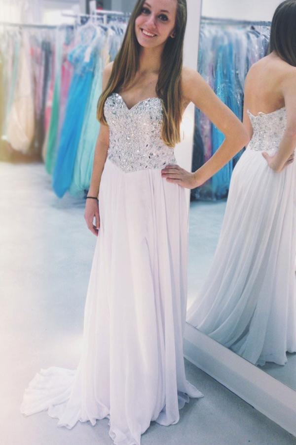 long white strapless chiffon prom dress