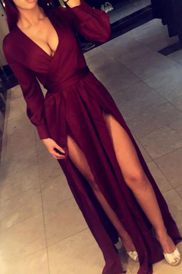 Burgundy Long Sleeves Deep V Neckline Floor Length Long Prom Dress With  Slits, MP149