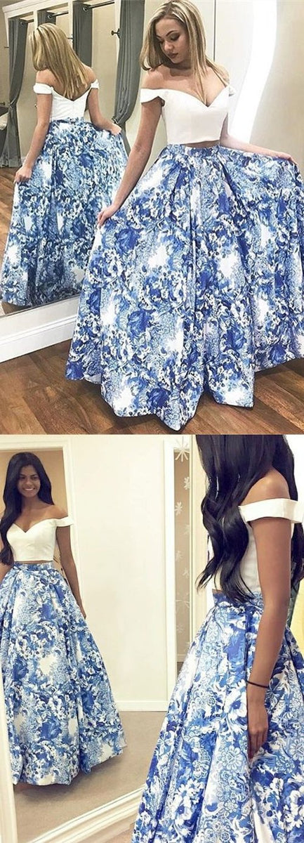 Royal Blue Satin Floral Print Long Prom Dress Evening Dress,WP217 –  winkbridal